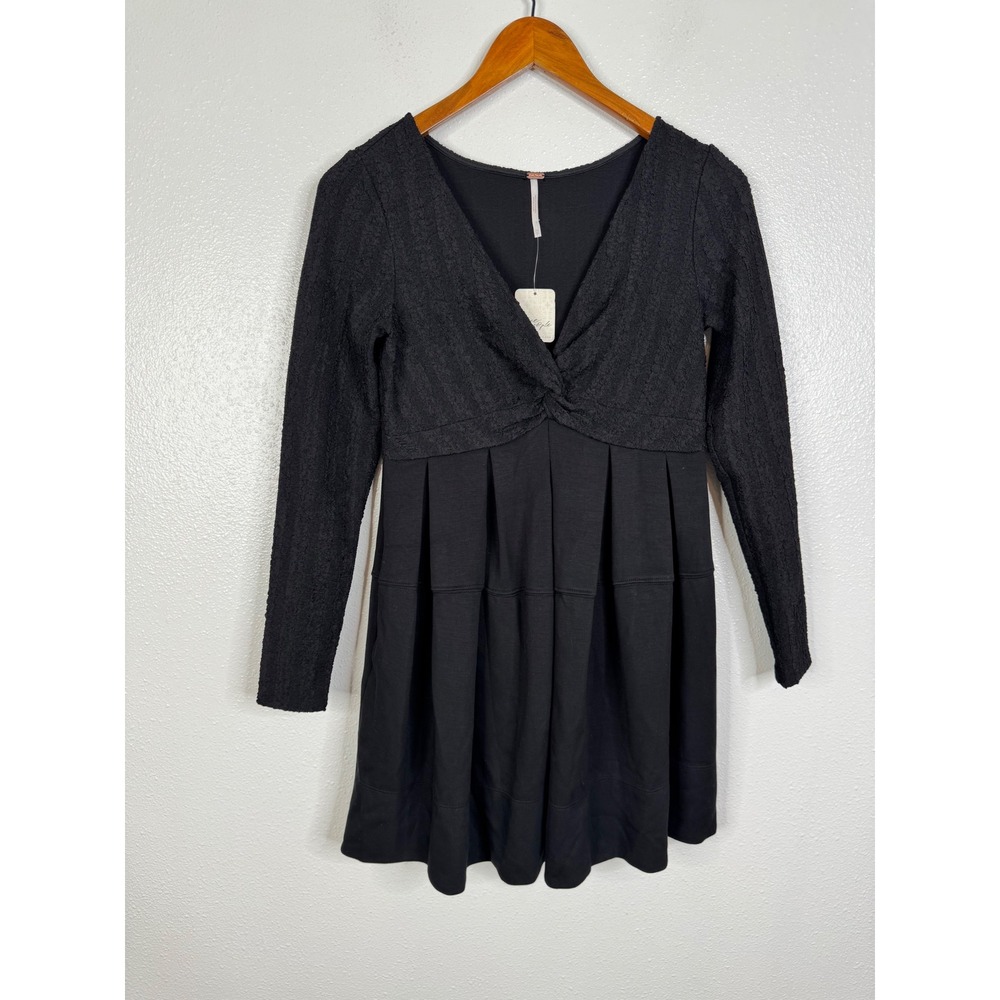 Free People Black Mixed Media Long Sleeve Mini Dress OB1847836 XS
